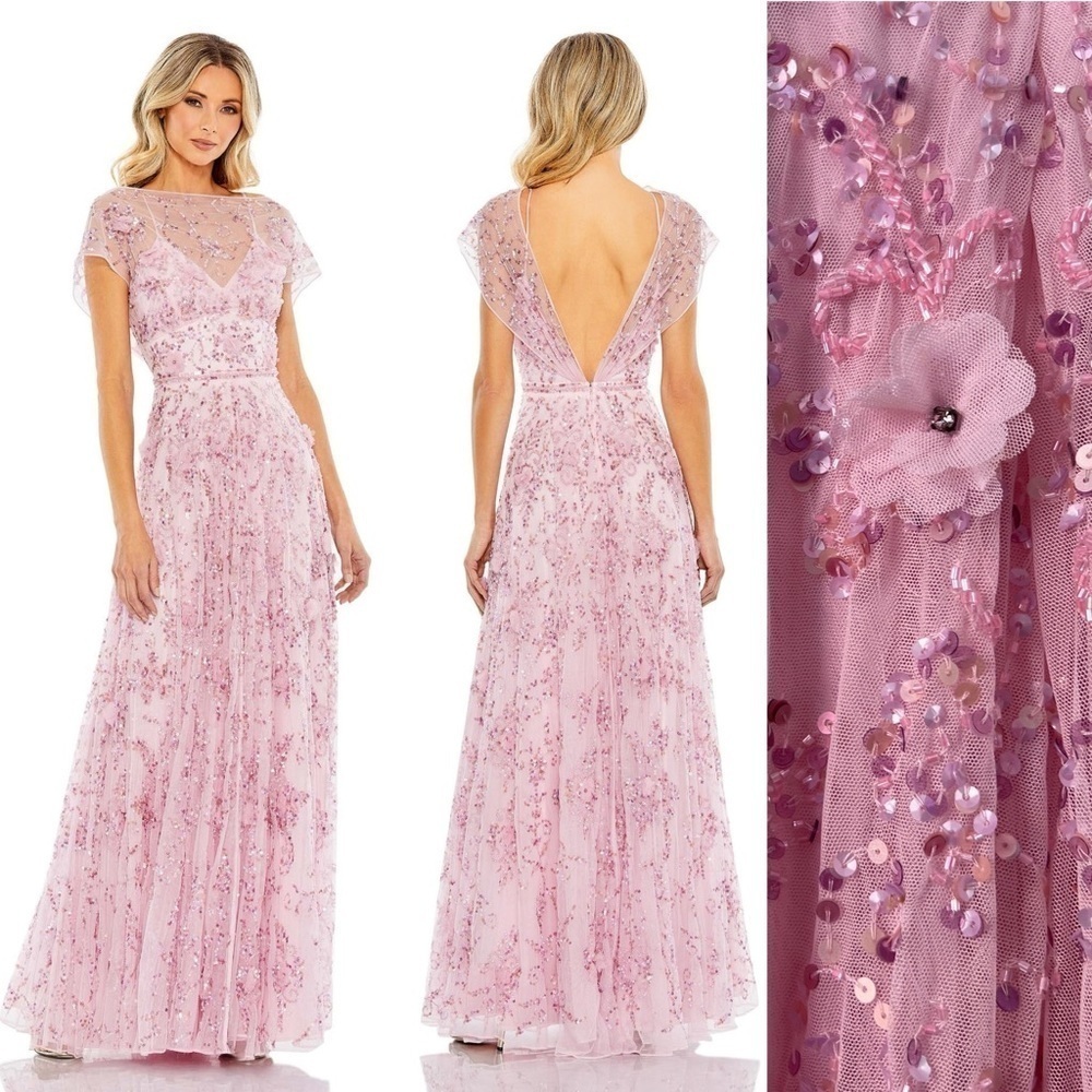 NEW $798 Mac Duggal 93685 Sequin 3D Embellished Cap Sleeves gown size 10